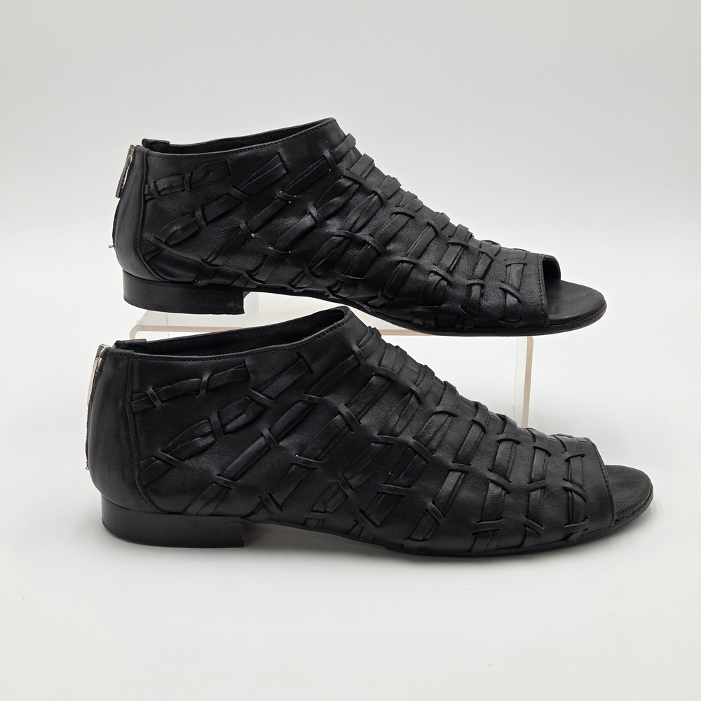Ron White Womens 41 US 10 April Ribbon Weave Leather Peep Toe Sandals Black - Picture 3 of 7
